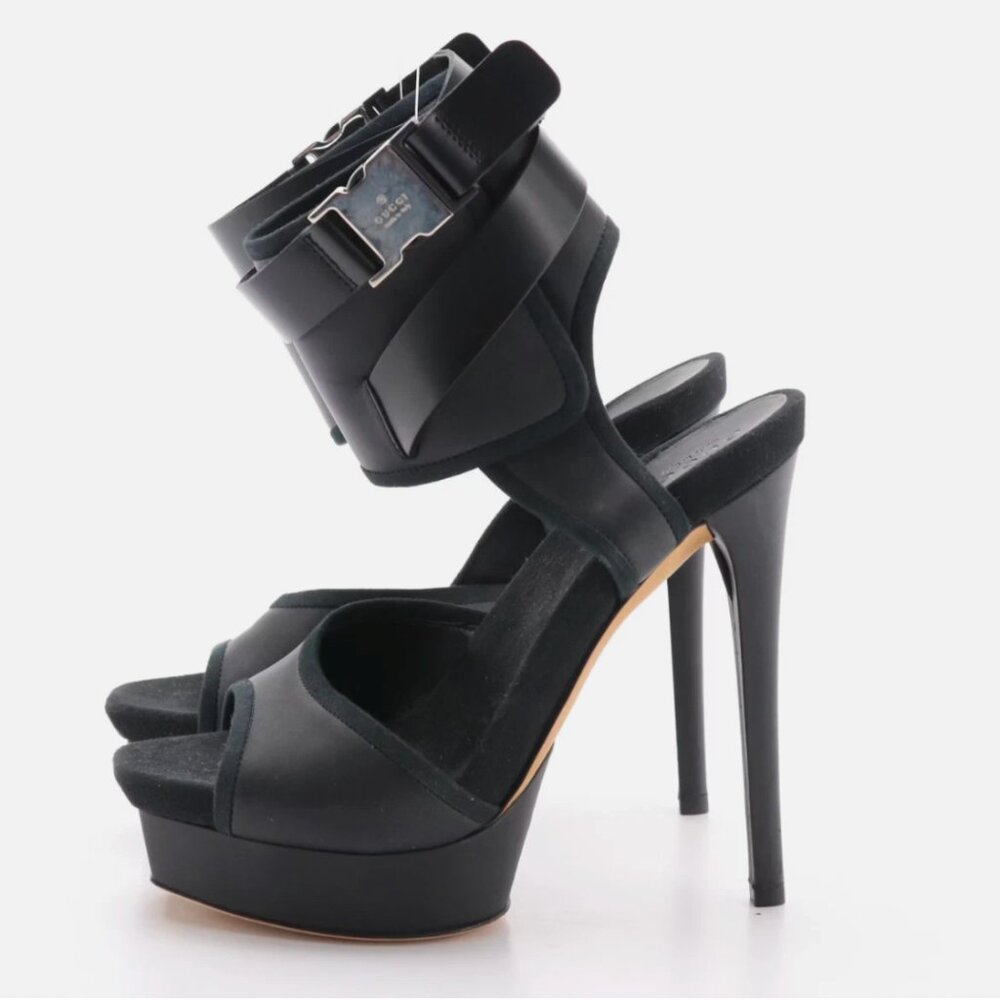 AUTH GUCCI Babylon Open-Toe Platform Pumps w/Buckle Ankle Wrap in Black Leather